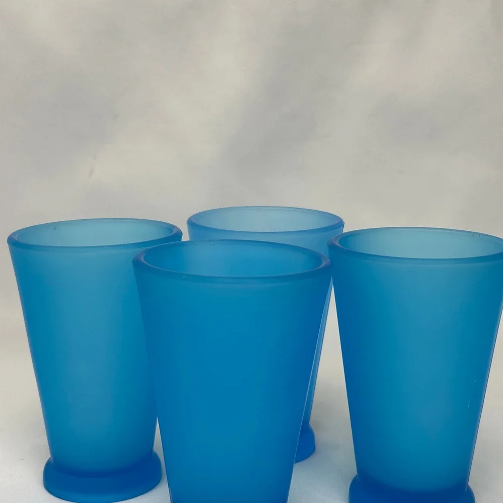 Starbucks‎ Vintage 90s Mod Frosted Blue Teal Footed Glass Tumbler Cup Set of 4
